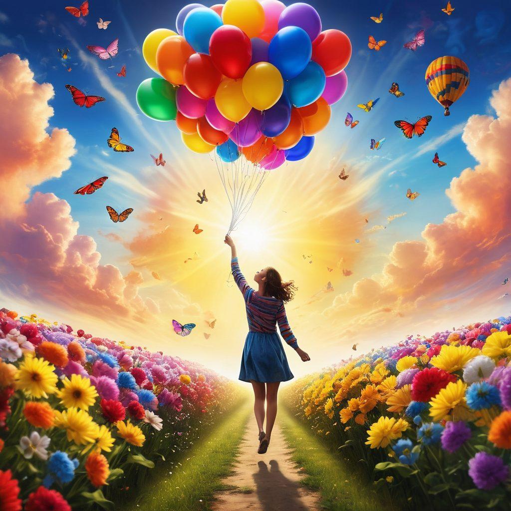 A vibrant scene depicting a person joyfully transforming from darkness into light, surrounded by colorful balloons and flowers, symbolizing a celebration of life. The background features a bright, sunny sky, with rays of sunshine breaking through fluffy clouds, representing hope and joy. Include symbols of personal growth, such as butterflies and rainbows, to signify the journey from sin to celebration. super-realistic. vibrant colors. whimsical elements.