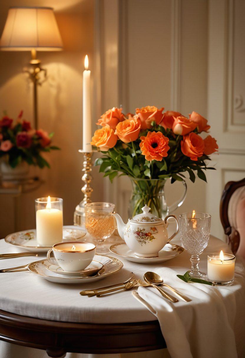An elegant, inviting table setting adorned with gourmet delicacies, soft candlelight flickering, and lush flowers. A serene background with subtle hints of relaxation elements like a cozy chair and a steaming cup of tea. The atmosphere exudes luxury and tranquility, capturing the essence of transforming simple moments into indulgent experiences. soft focus, warm tones, super-realistic.